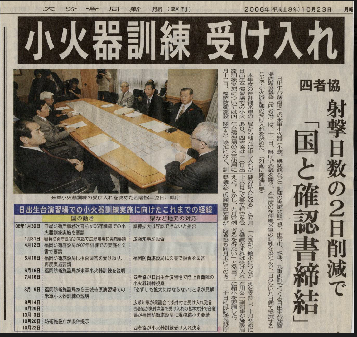 1996年の小火器受入時の新聞記事「2日削減で受け入れ」